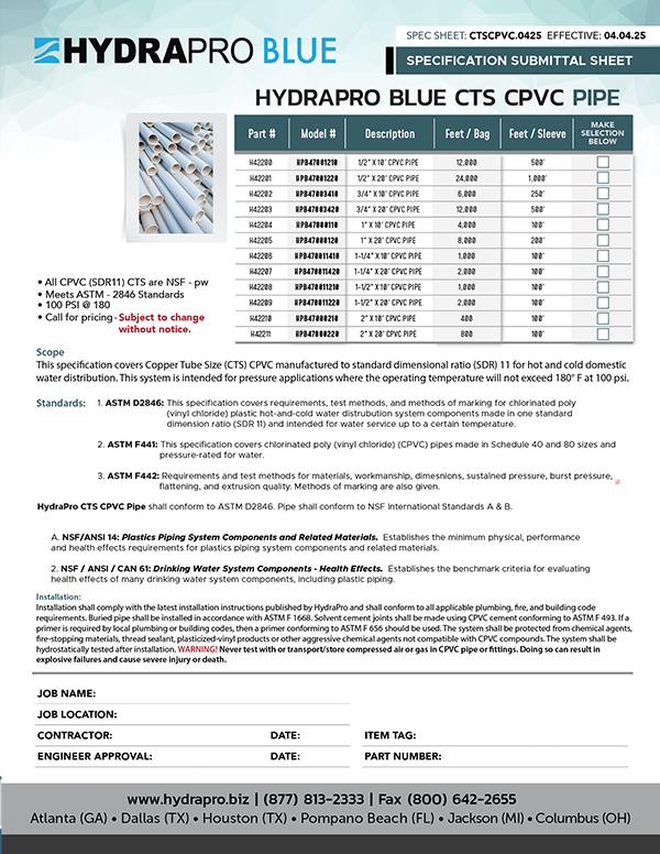 HYDRAPRO BLUE™ CTS CPVC PIPE